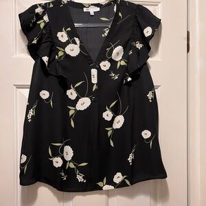 Floral Black Top with Ruffle Sleeves